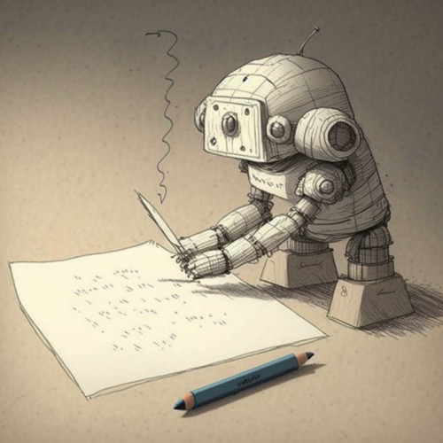 Drawing of a robot writing poetry on a paper